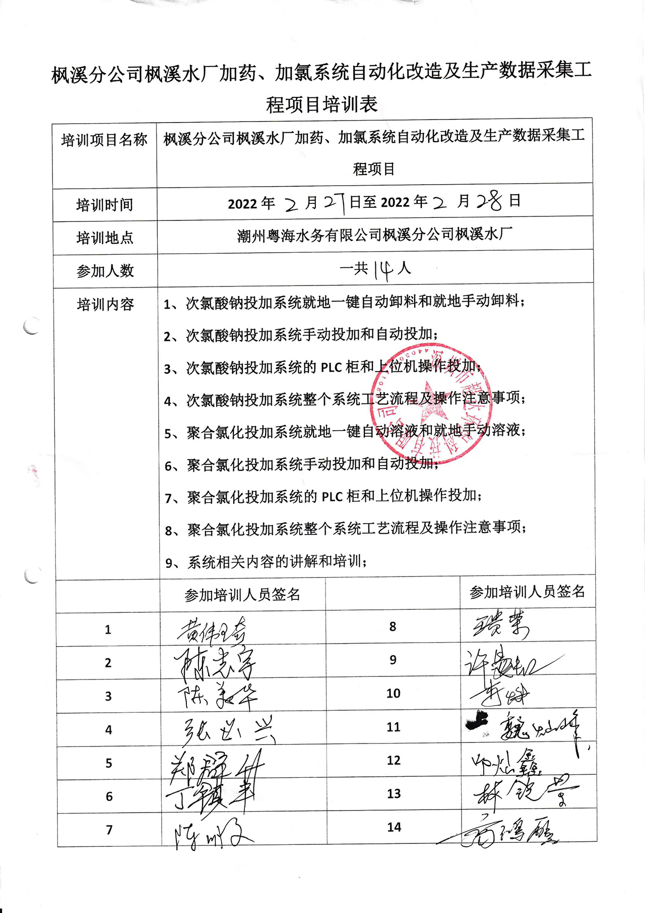 项目培训枫溪分公司枫溪水厂加药、加氯系统自动化改造及生产数据采集工程